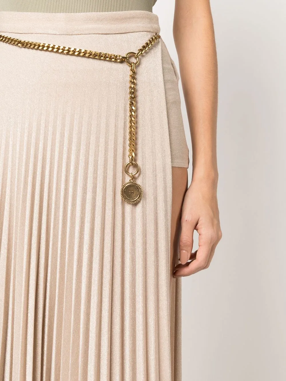Elisabetta Franchi Pleated Long Skirt With Chain Belt In Gold