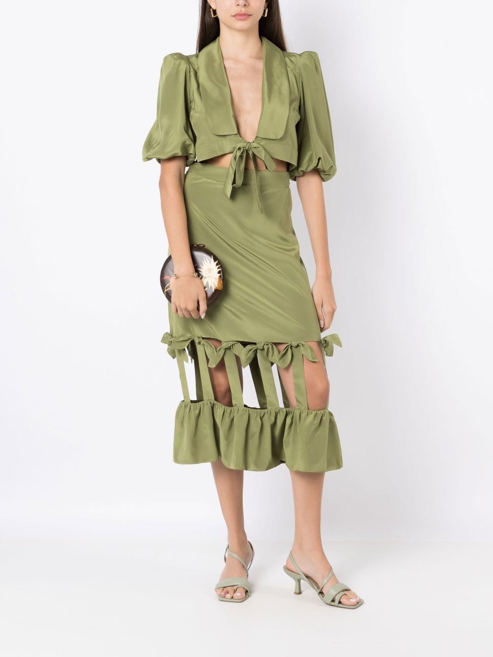 Shop Adriana Degreas Tie-front Cropped Silk Blouse In Green