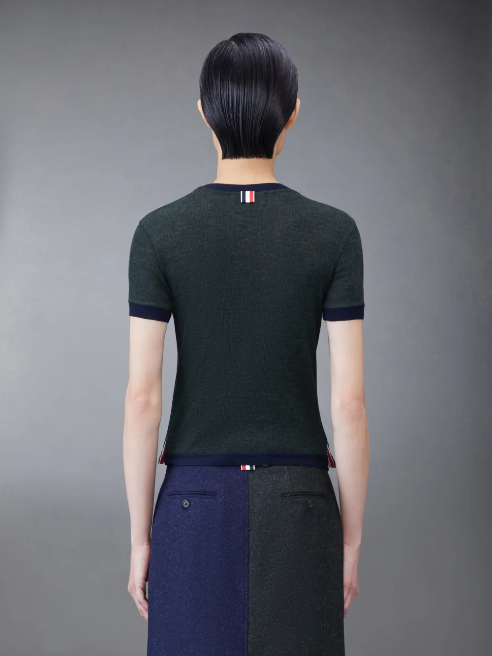 Thom Browne Short Sleeve Tee W/ Contrast Trims In Wool Rib In Green