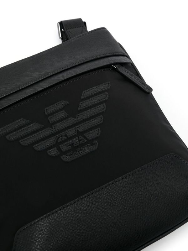 Armani logo-patch Leather Messenger Bag - Black