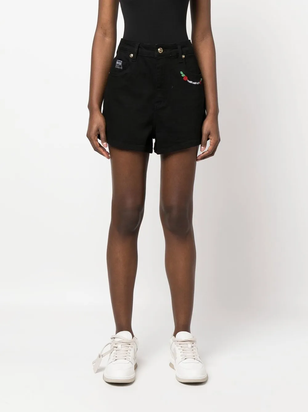 Shop Versace Jeans Couture Embroidered-logo Mini Shorts In Schwarz