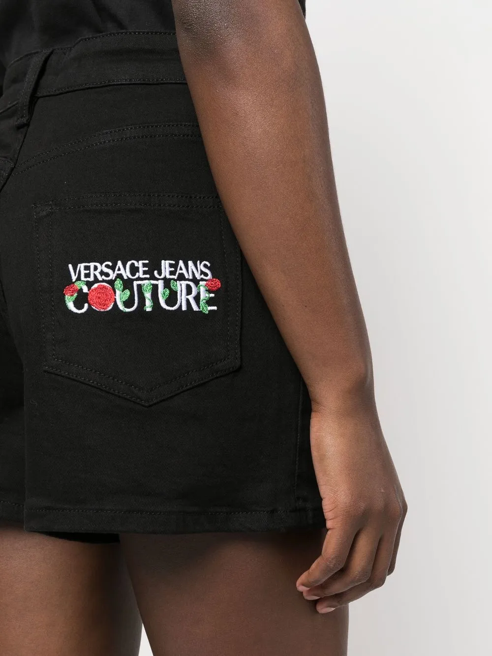 Shop Versace Jeans Couture Embroidered-logo Mini Shorts In Schwarz