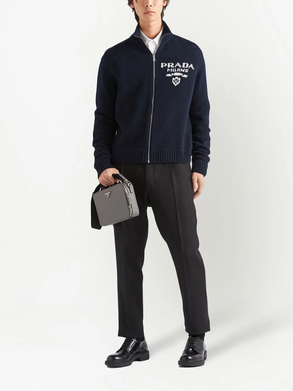 Shop Prada Intarsia-knit Logo Zip-up Cardigan In F0008 Navy