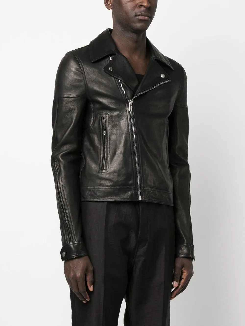 Shop Rick Owens Leather Zip-up Biker Jacket In Black