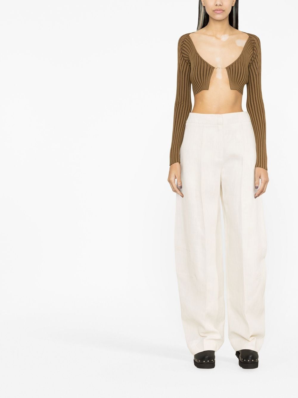 Shop Jacquemus Ribbed-knit Cropped Cardigan In 褐色