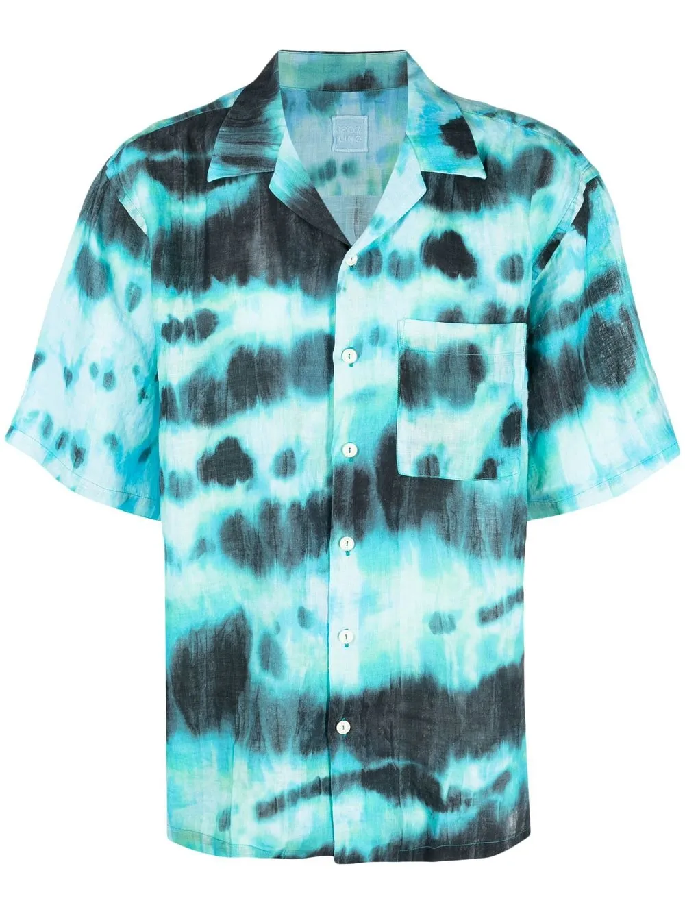 

120% Lino camisa manga corta con estampado tie-dye - Azul