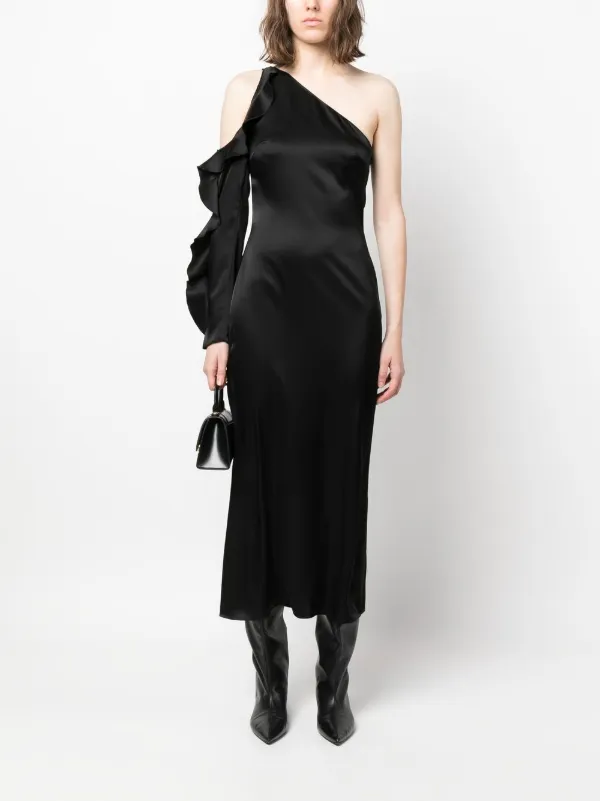 David Koma Asymmetric Ruffle-Trim Satin Dress - Black
