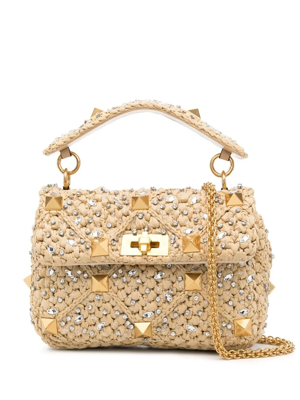 

Valentino Garavani Roman Stud embellished raffia shoulder bag - Neutrals