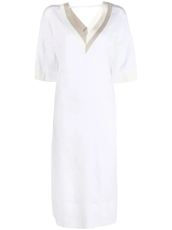 Lorena Antoniazzi V-neck linen-blend Midi Dress | White | FARFETCH