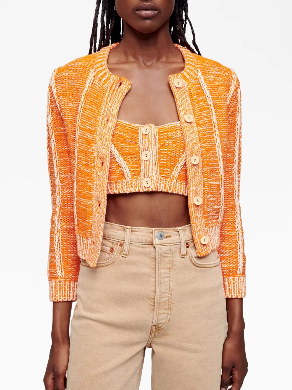 Re/done Two-tone Ribbed Cotton Cardigan In Orange