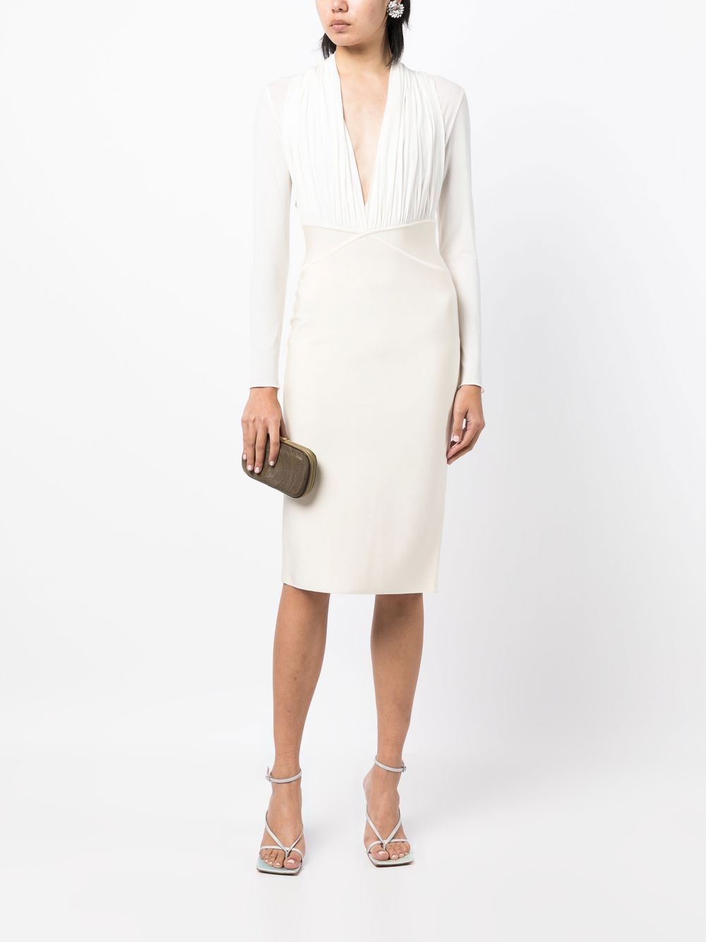 Shop Herve L Leroux Long-sleeve Plunge-neck Dress In White