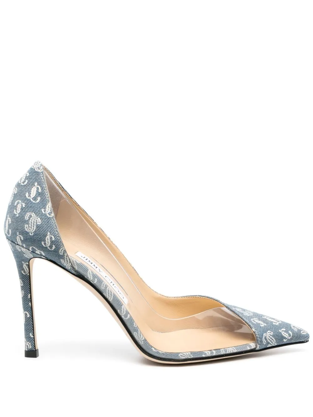 

Jimmy Choo Cass 95 all-over-logo-print denim pumps - Blue