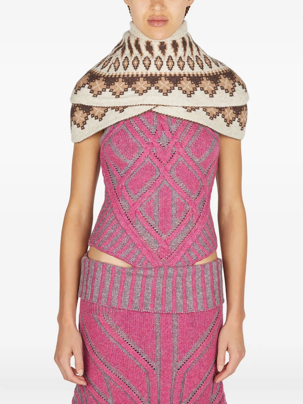Paolina Russo Warrior Fairisle-pattern knitted poncho Beige