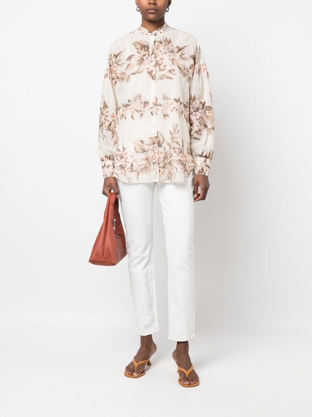 Shop Twinset Floral-print Long-sleeved Blouse In Nude