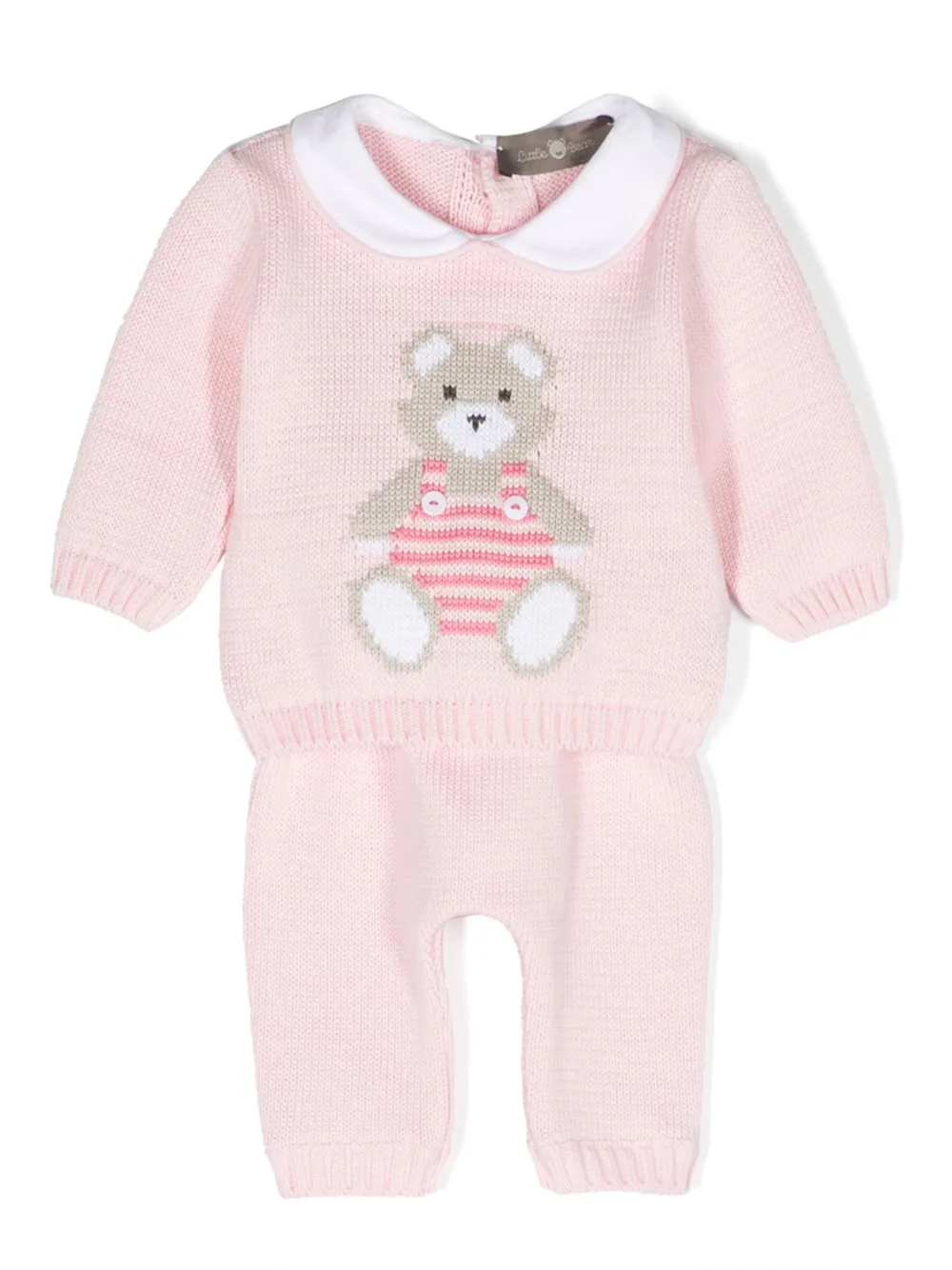 Little Bear Babies' Teddy-print Knit Trouser Set In Pink