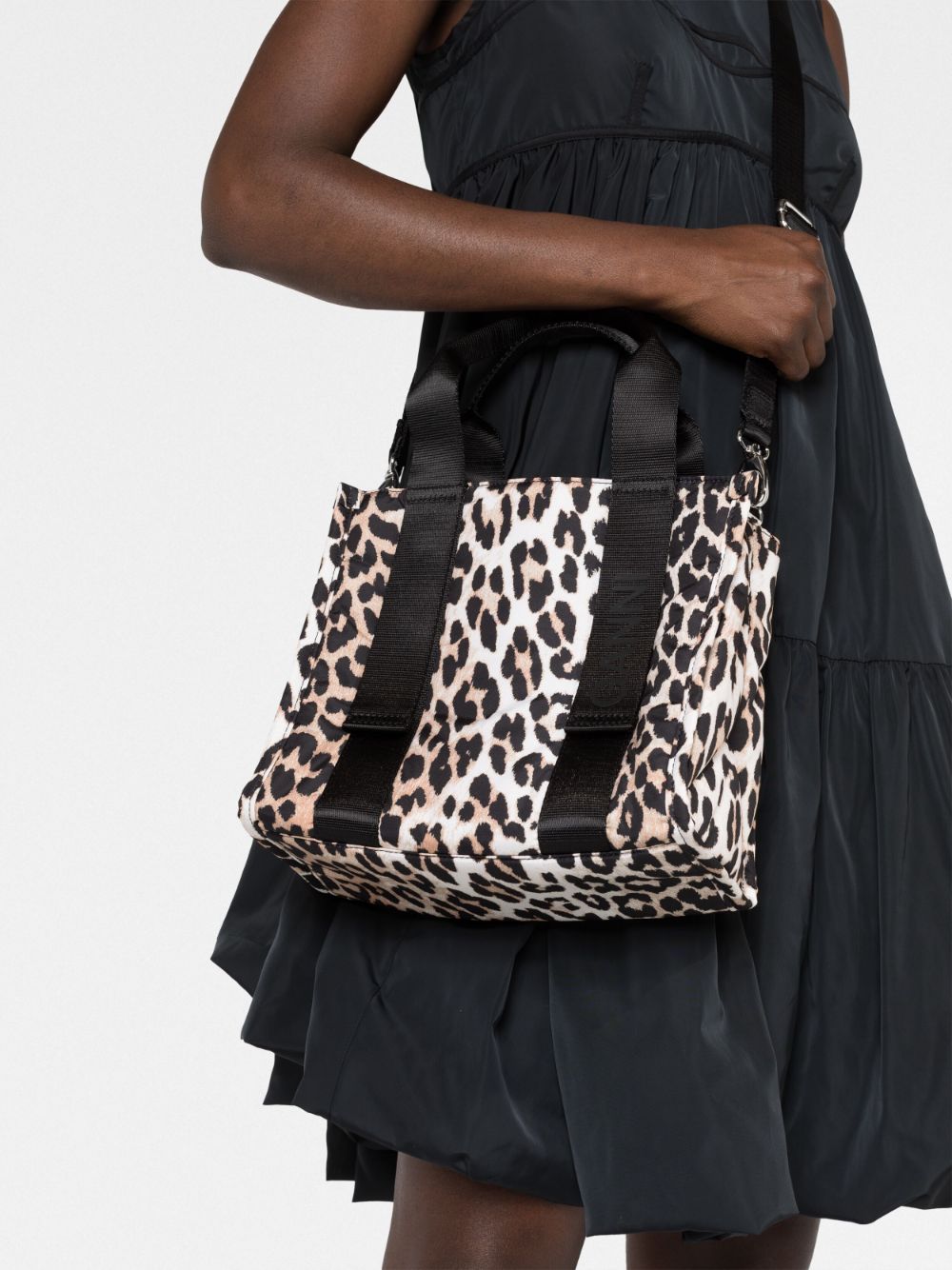 Shop Ganni Small Leopard Tech Tote Bag In Neutrals