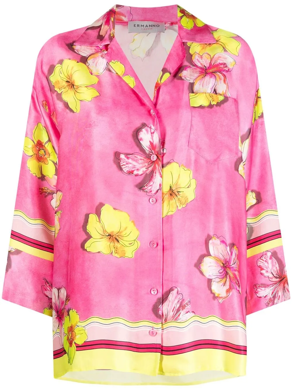 Ermanno Firenze Floral-print Three-quarter-sleeve Shirt In Rosa