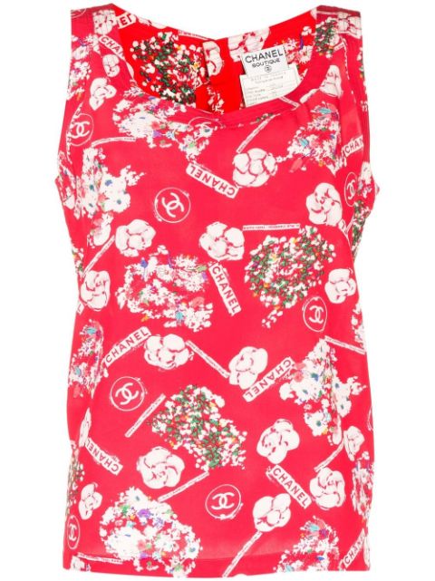 CHANEL 1990-2000s camellia print silk tank top Women