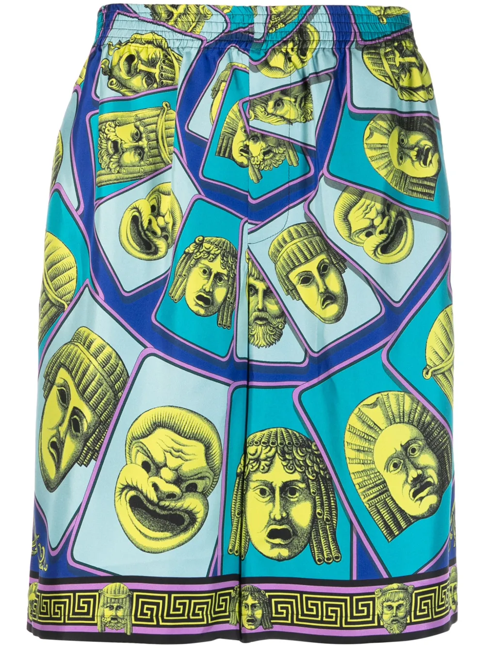 Versace Mask Print Silk Twill Shorts In Blue