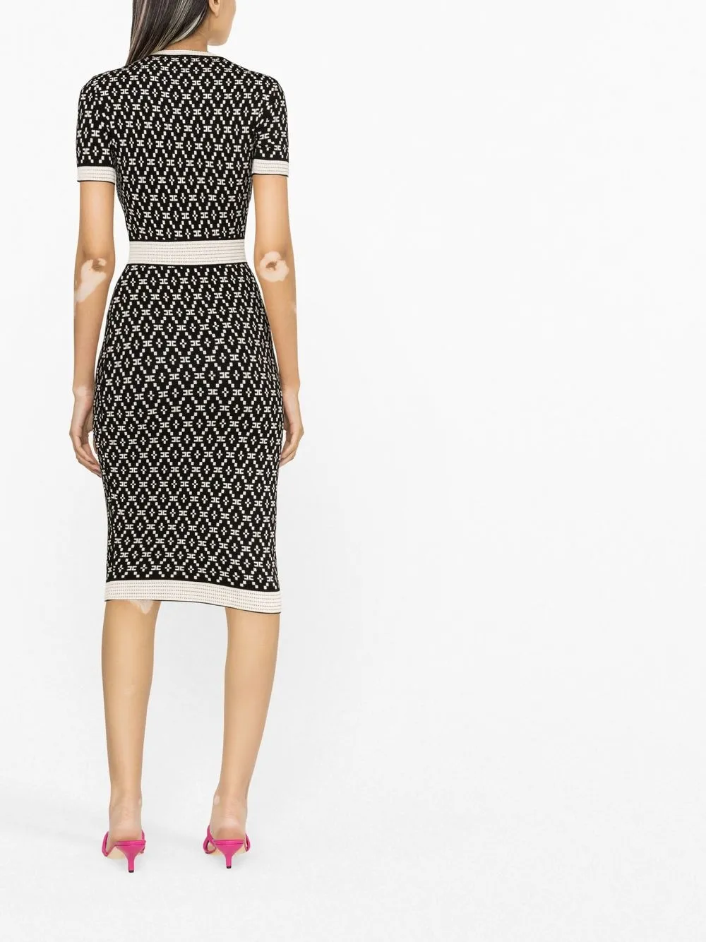 Elisabetta Franchi Monogram Diamond-print Knitted Dress In Black