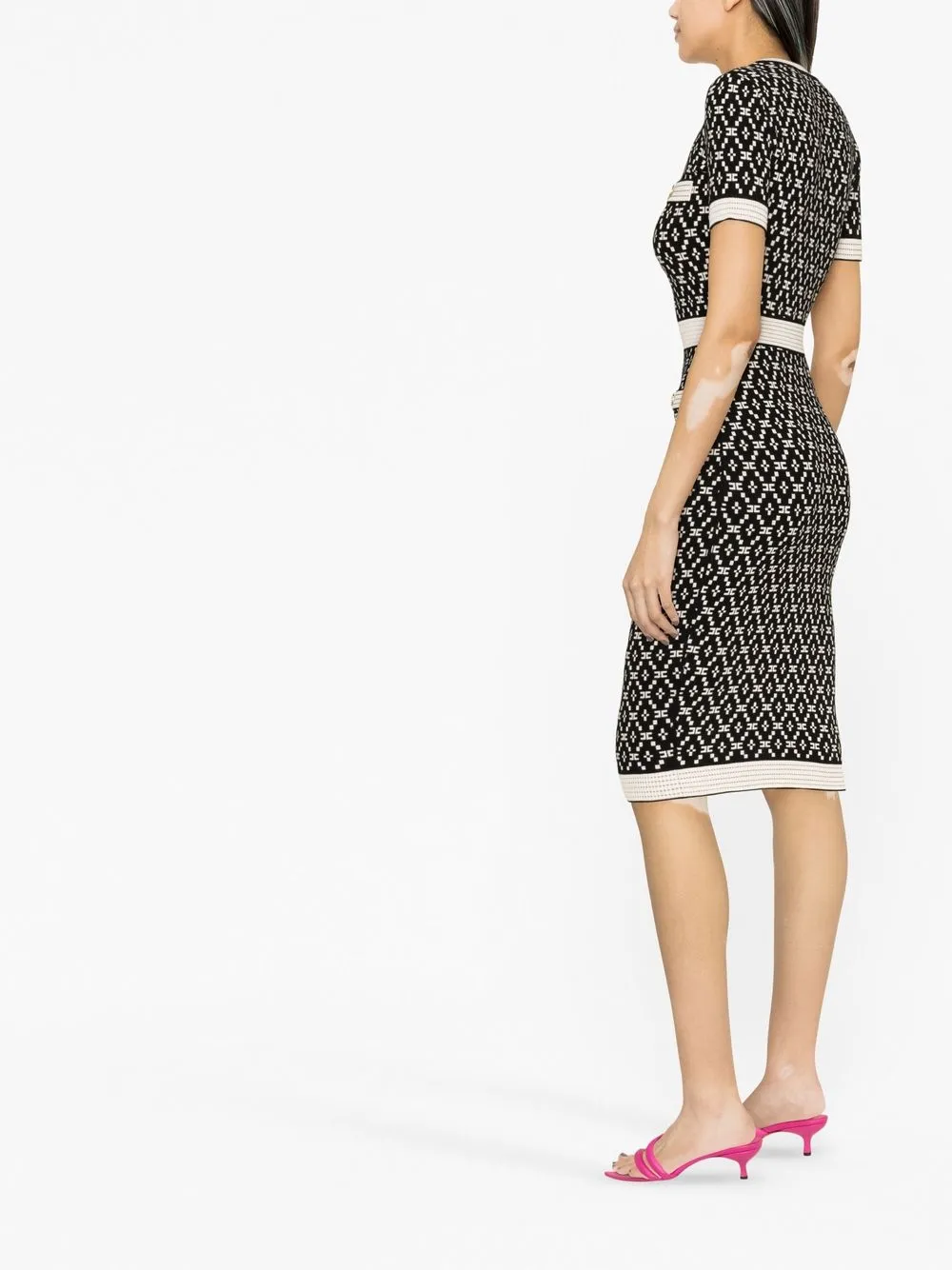 Elisabetta Franchi Monogram Diamond-print Knitted Dress In Black
