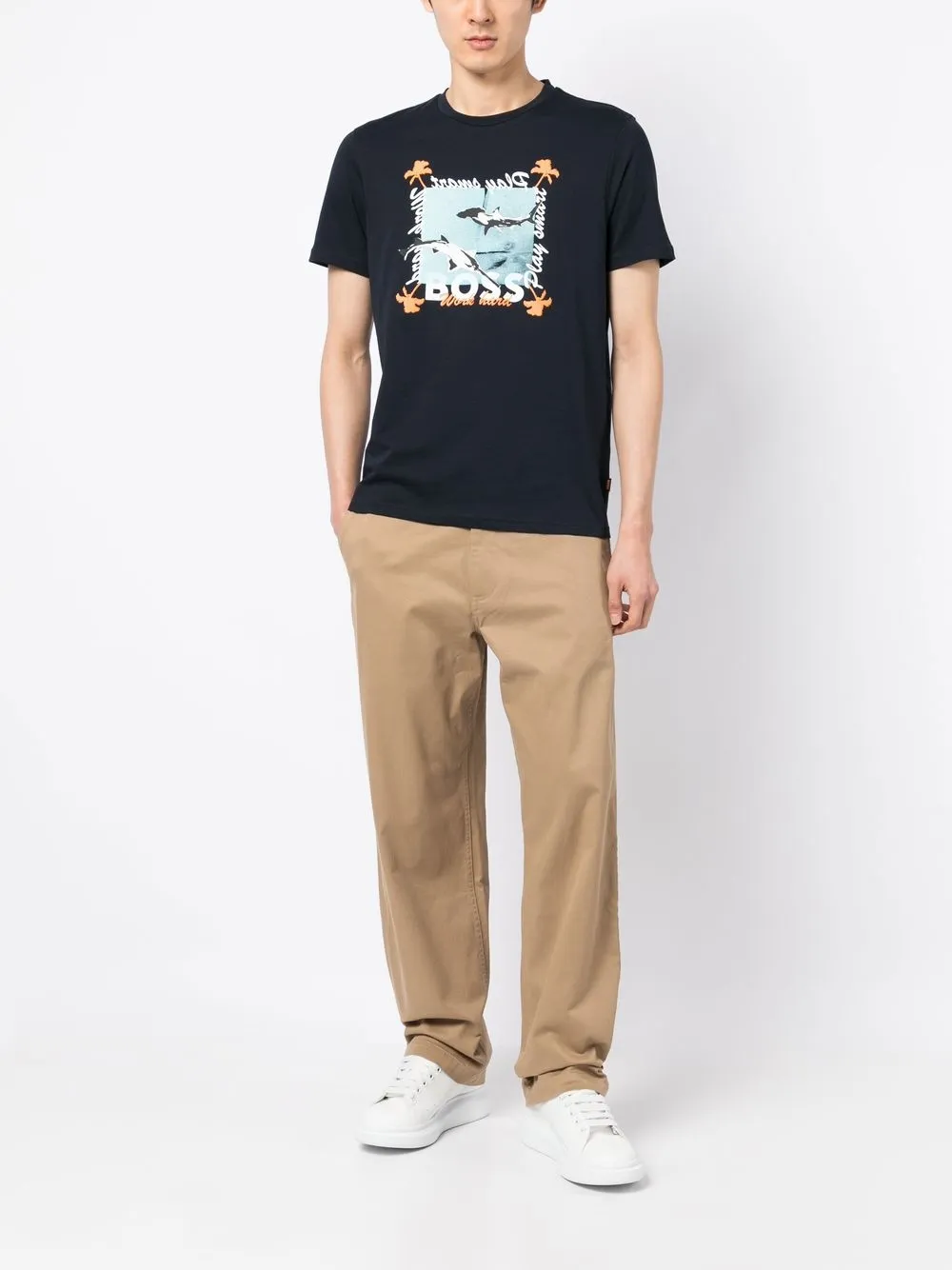 BOSS T-shirt met logoprint - Blauw