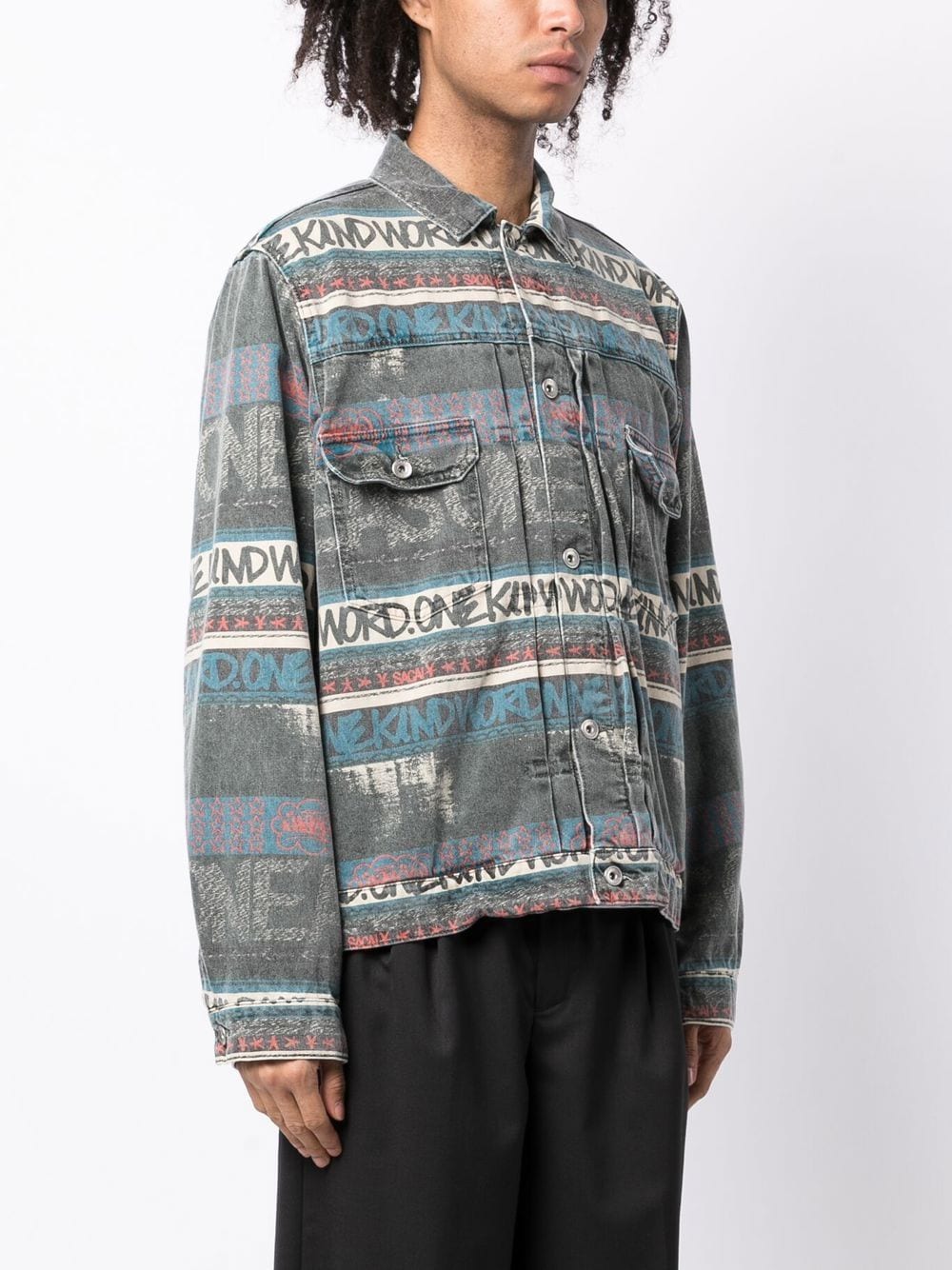 Shop Sacai Graphic-print Distressed Denim Jacket In Grey
