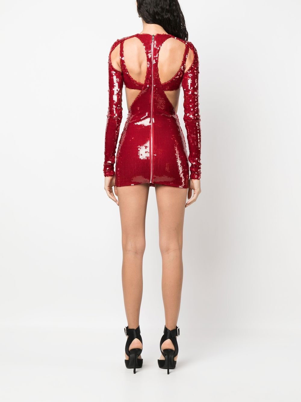 Shop Laquan Smith Sequinned Cut-out Minidress In Red
