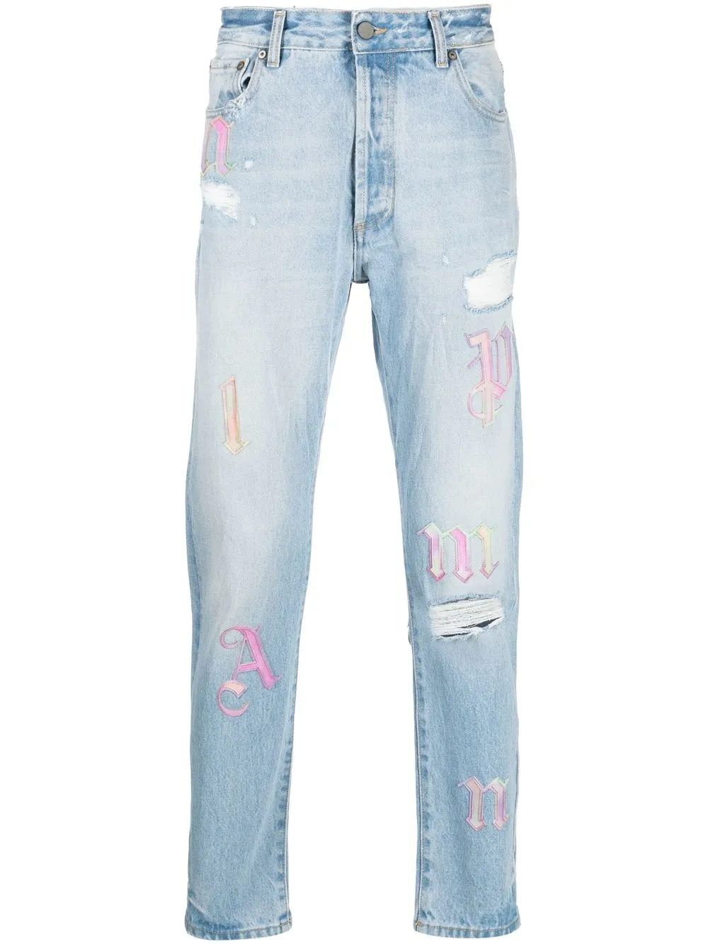 

Palm Angels ripped embroidered tapered jeans - Blue