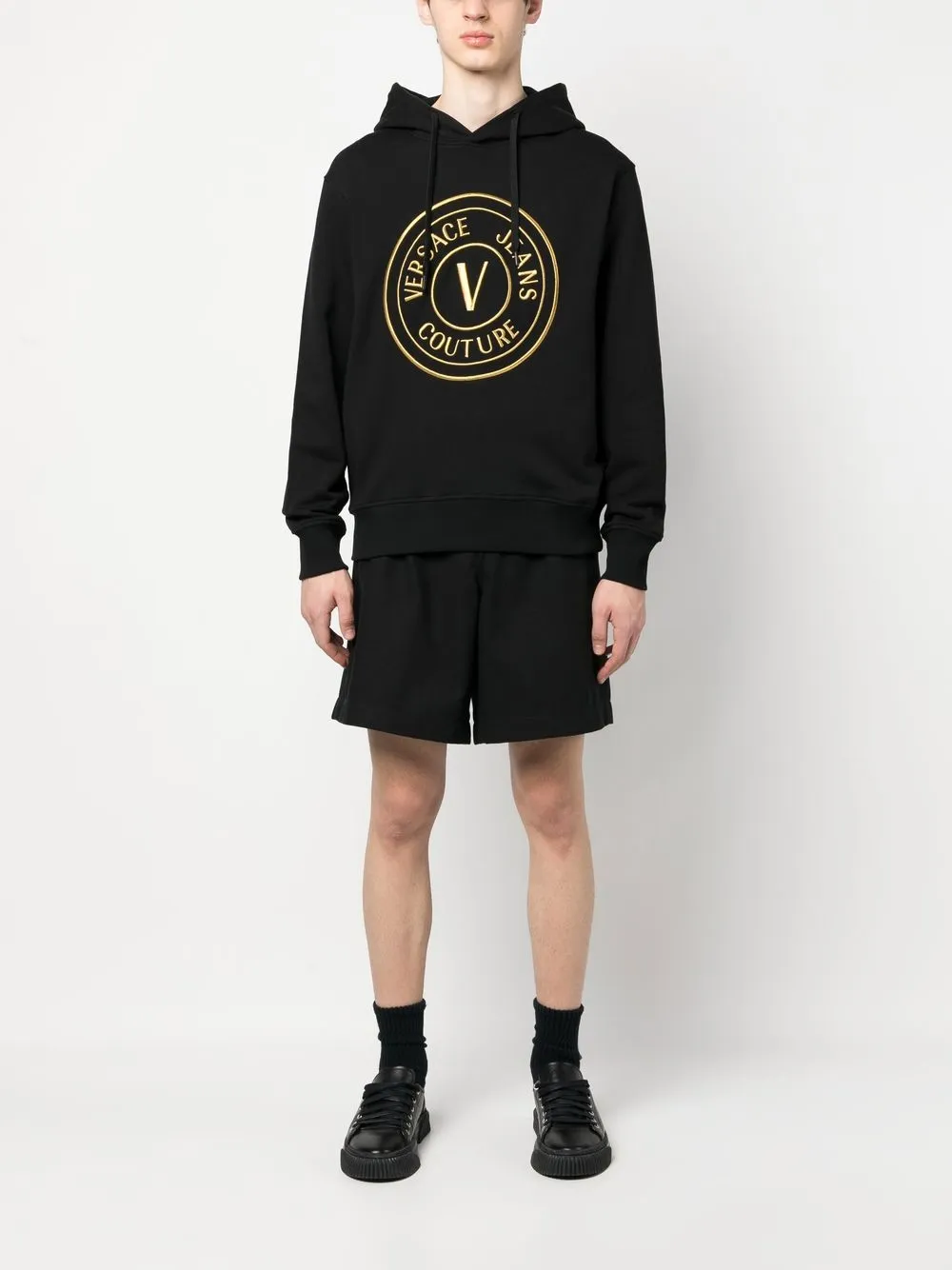 Shop Versace Jeans Couture Logo-print Cotton Hoodie In Schwarz