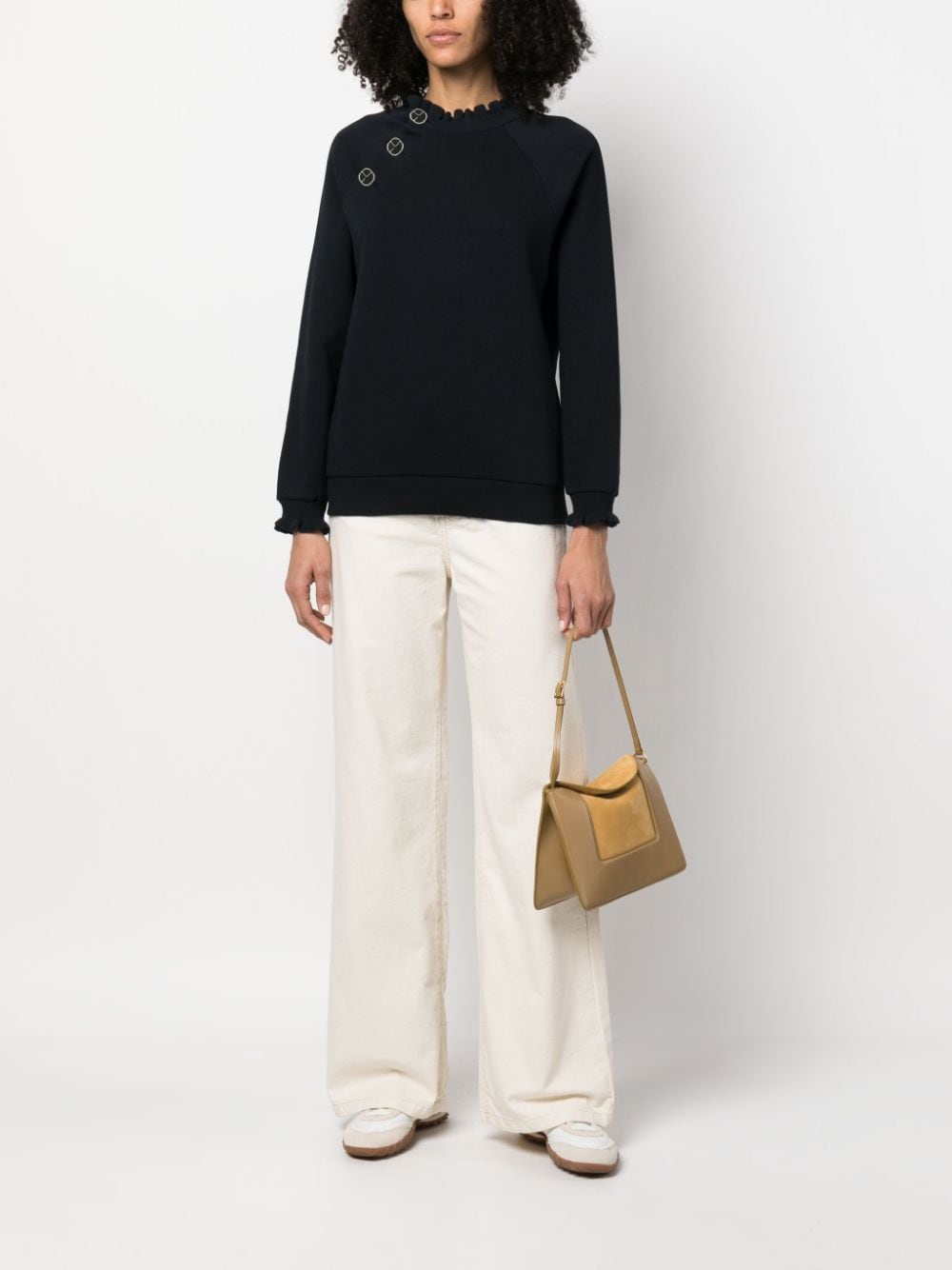 Shop Claudie Pierlot Ruffle-collar Cotton Sweatshirt In Blue
