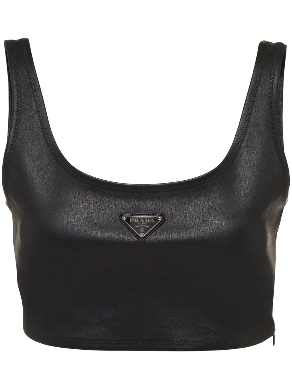 Prada Logo Plaque Cropped Leather Tank Top In Black