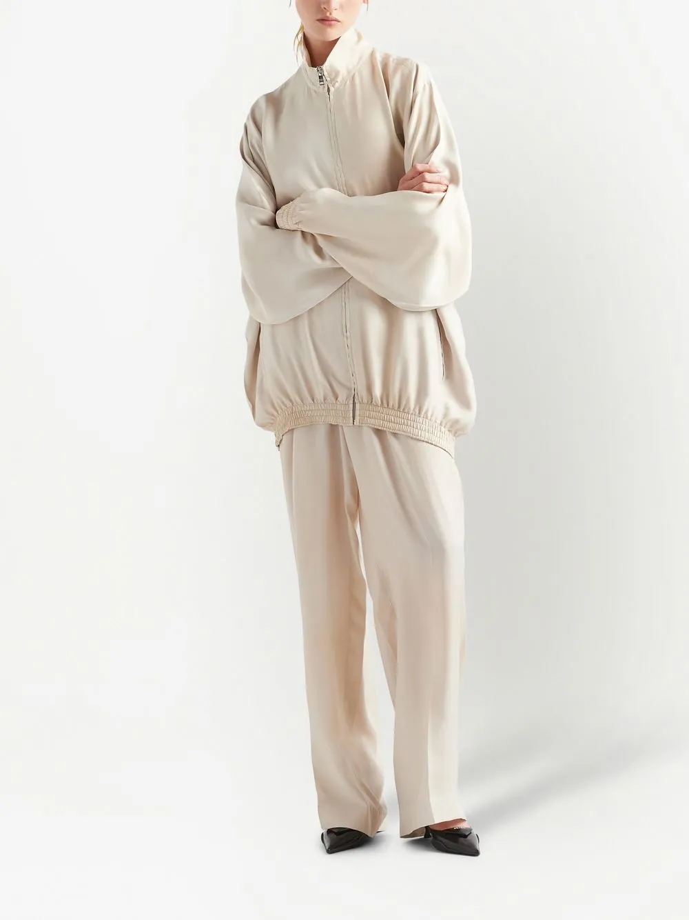 Shop Prada Triangle-logo Silk Twill Trousers In Neutrals