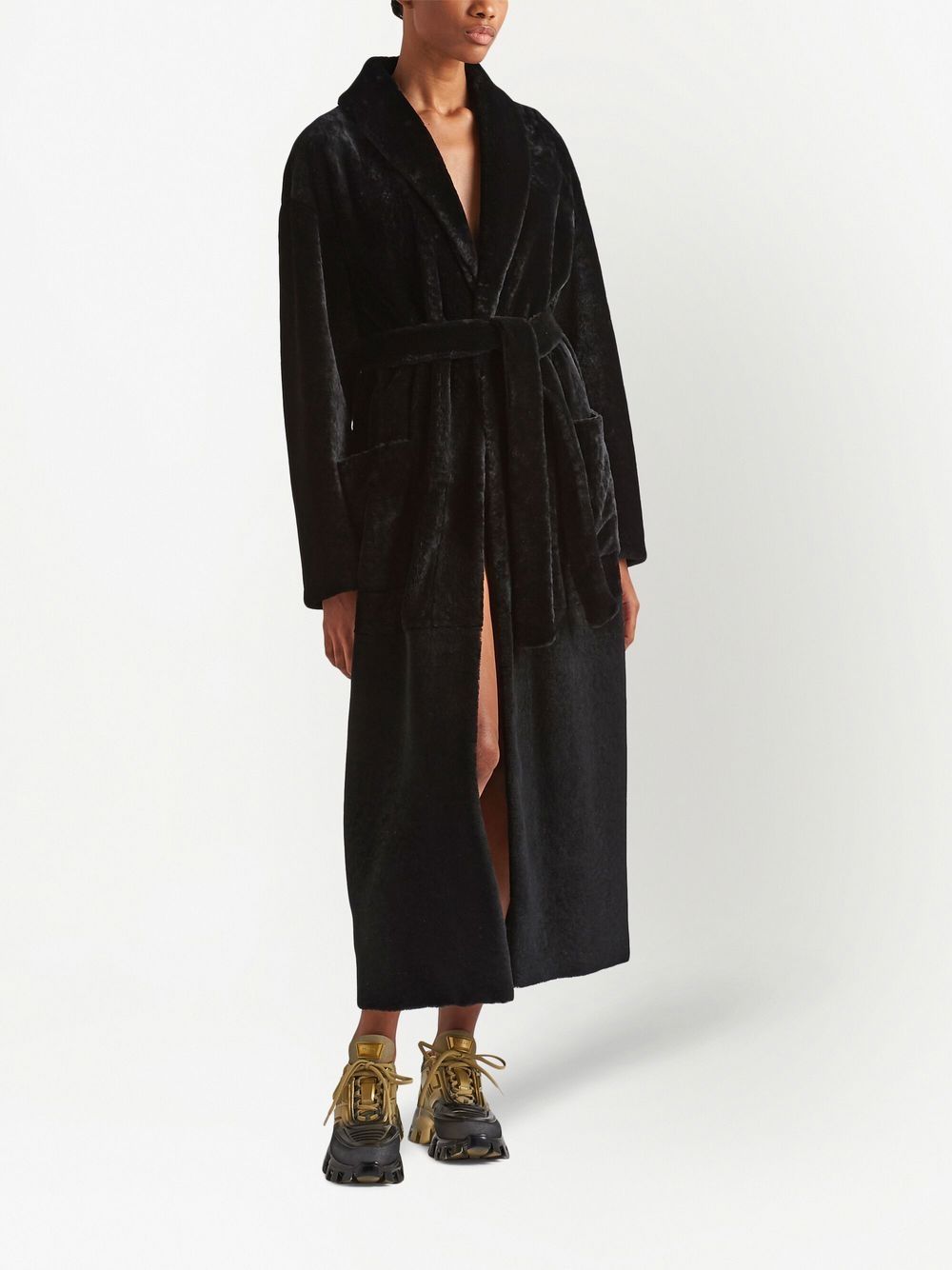 Shop Prada Belted-waist Shearling Coat In Black