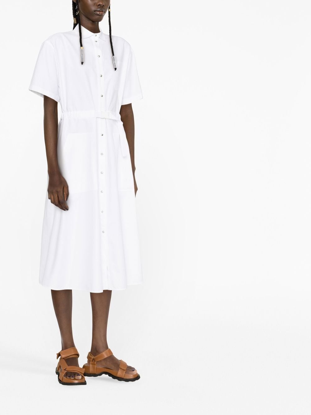 Shop Moncler Belted-waist Flared Shirt Dress In Weiss