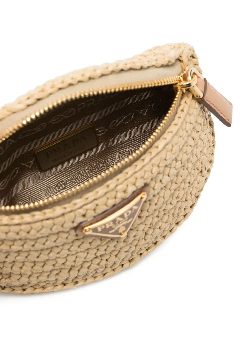 Prada Logo Plaque Straw Pouch In Neutrals