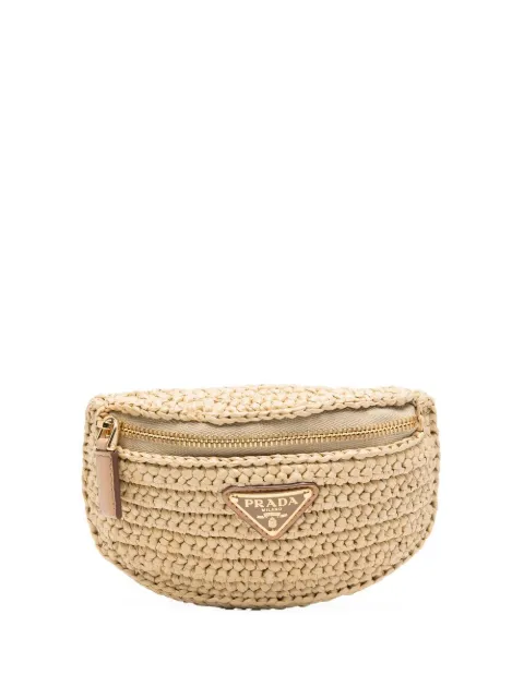 Prada logo plaque straw pouch