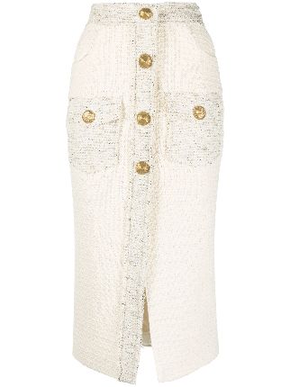 Balmain button-detail bouclé-tweed Pencil Skirt | Neutrals | FARFETCH