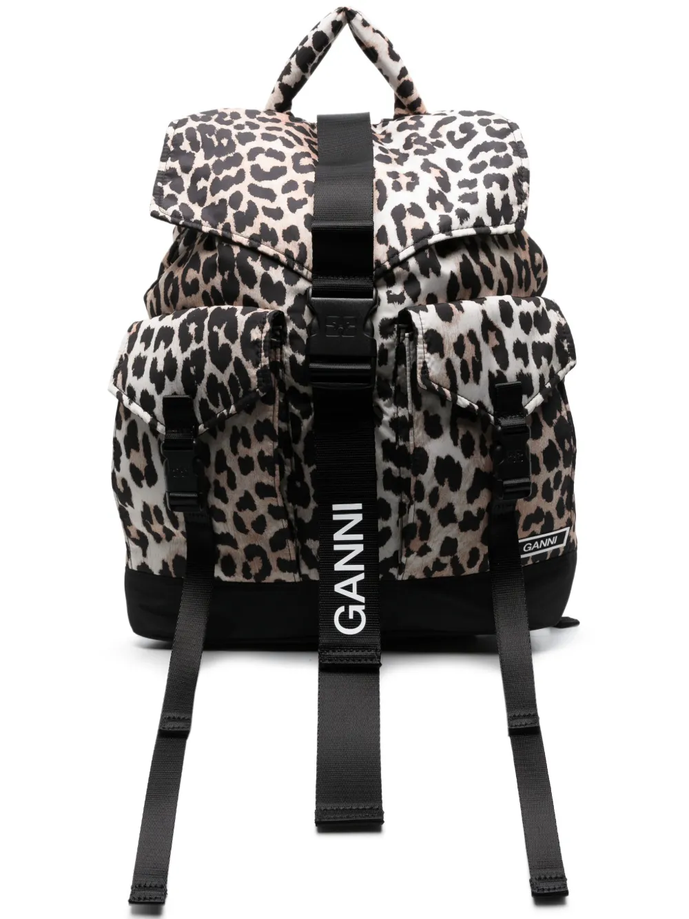 Shop Ganni Leopard-print Buckled Backpack In Brown