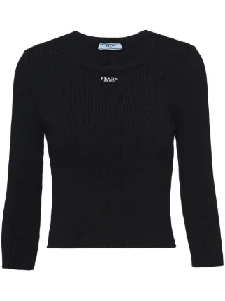 PRADA サマーニット Prada Suéter Canelado Com Logo Bordado | Preto | FARFETCH BR