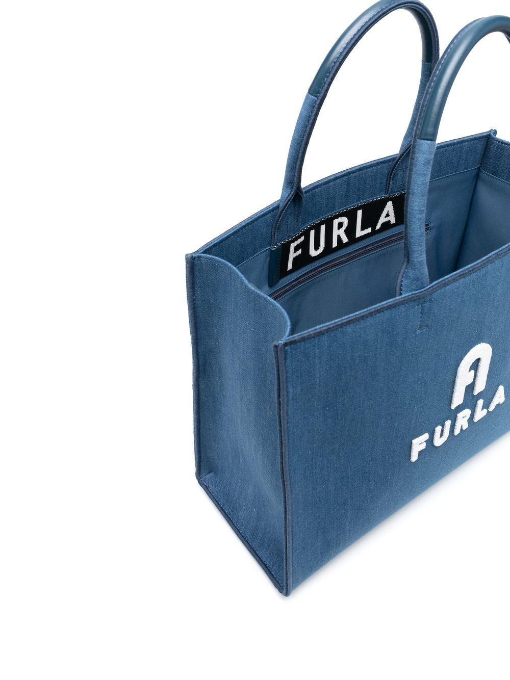 Shop Furla Embossed Logo Denim Tote Bag In Blau