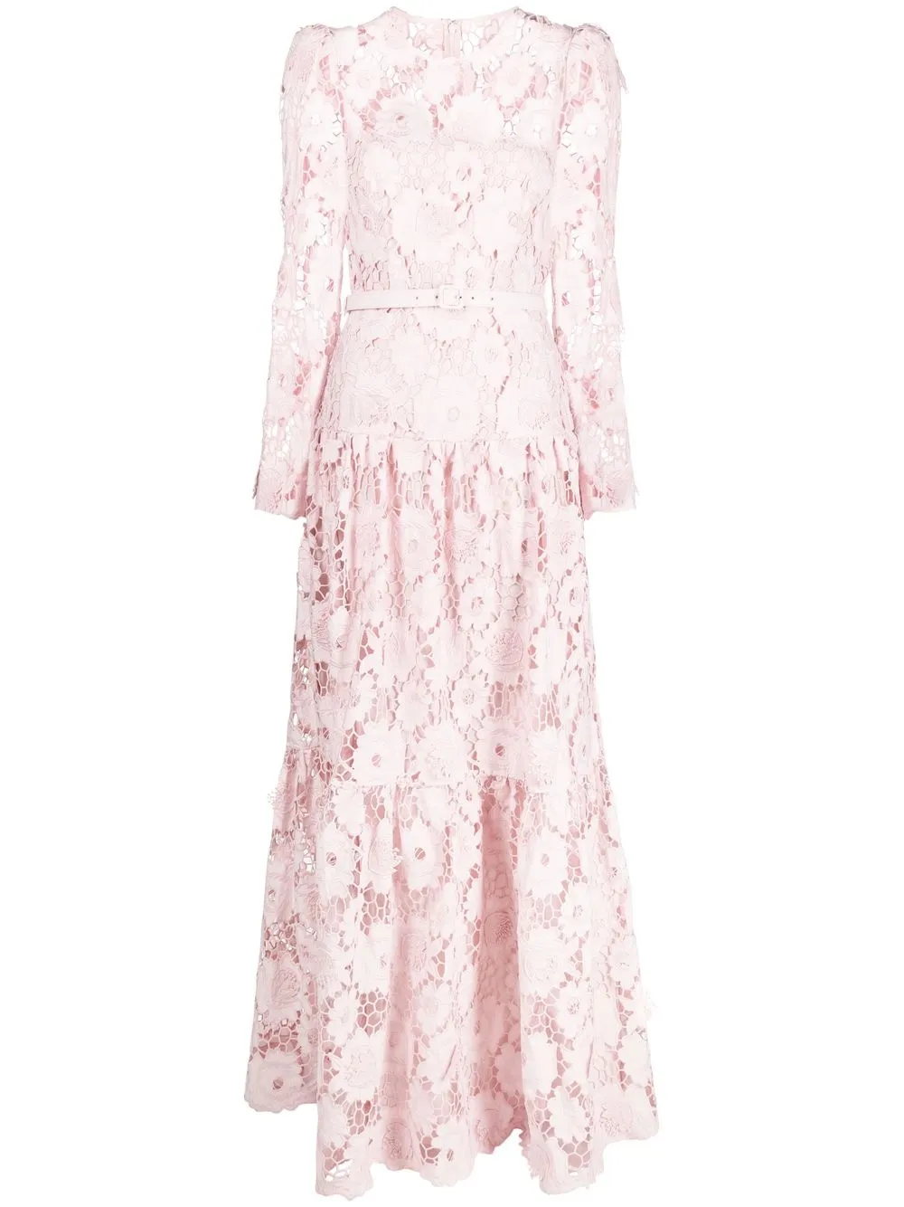 Self-portrait Belted Cotton Guipure Lace Maxi Dress In Pink Self-portrait Belted Cotton Guipure Lace Maxi Dress In Pink
