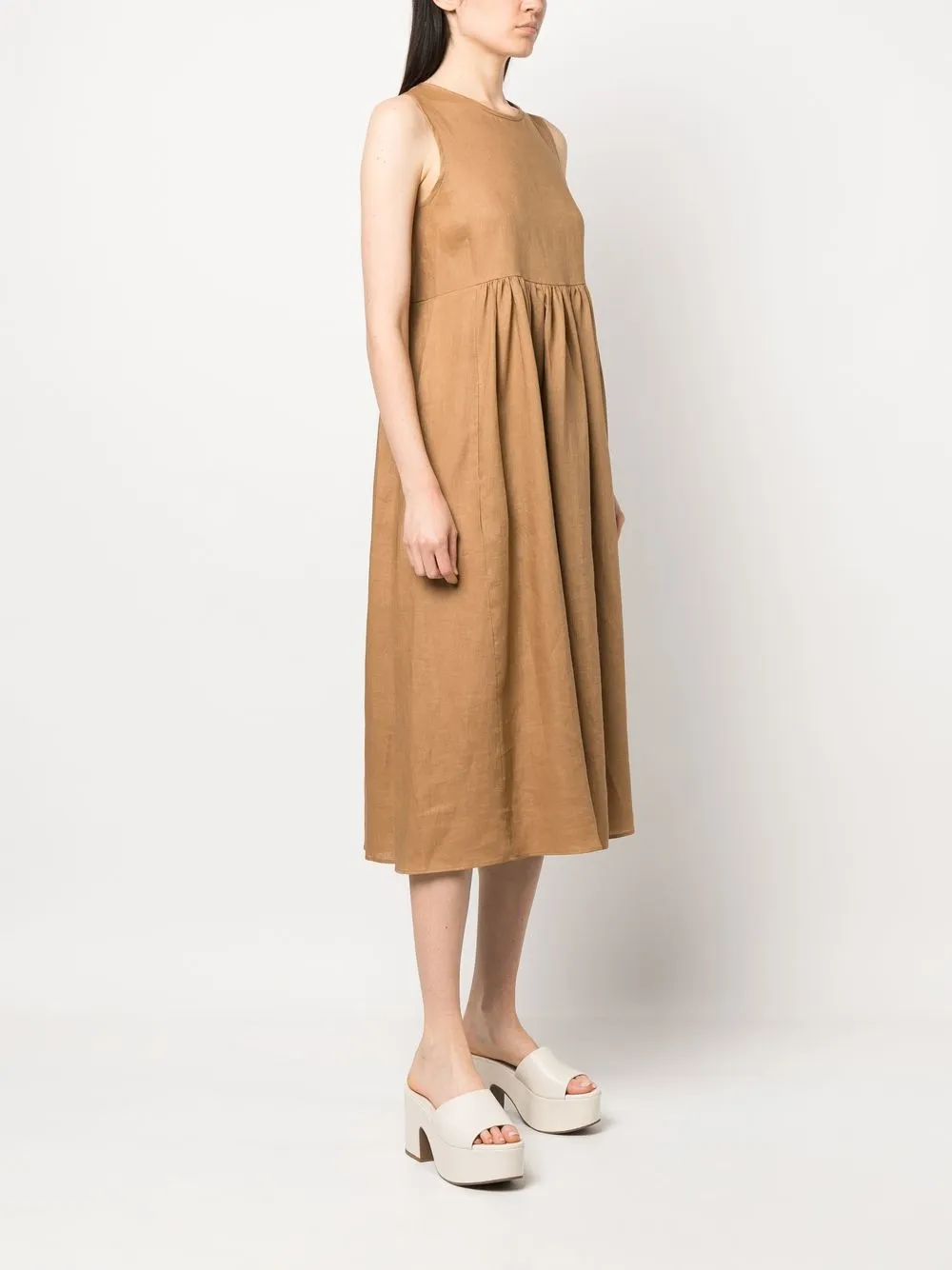 Shop Blanca Vita Pleated Sleeveless Linen Midi Dress In Braun