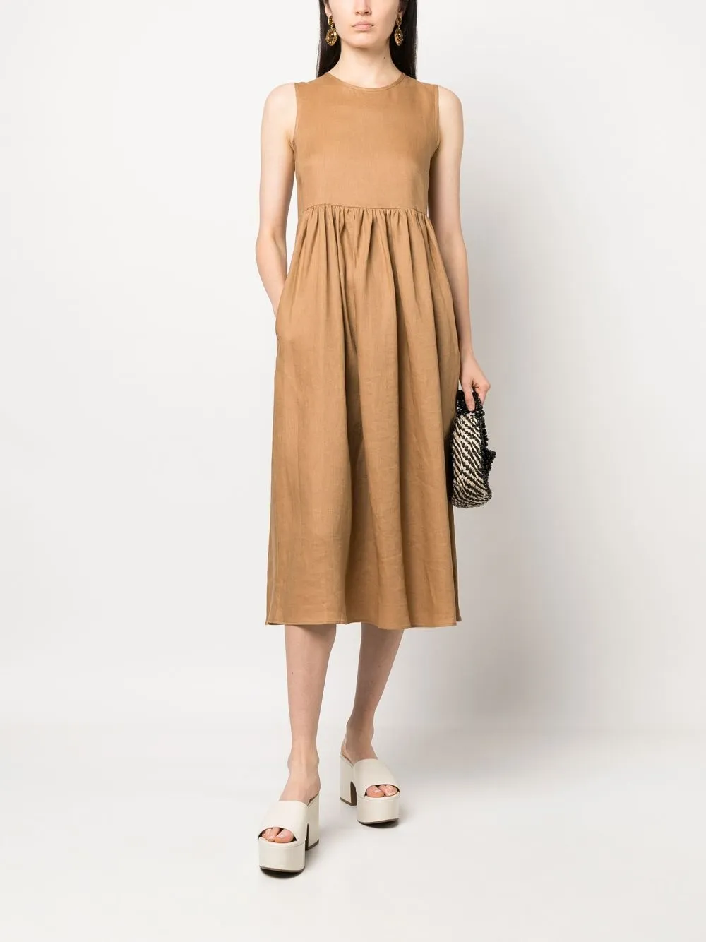 Shop Blanca Vita Pleated Sleeveless Linen Midi Dress In Braun