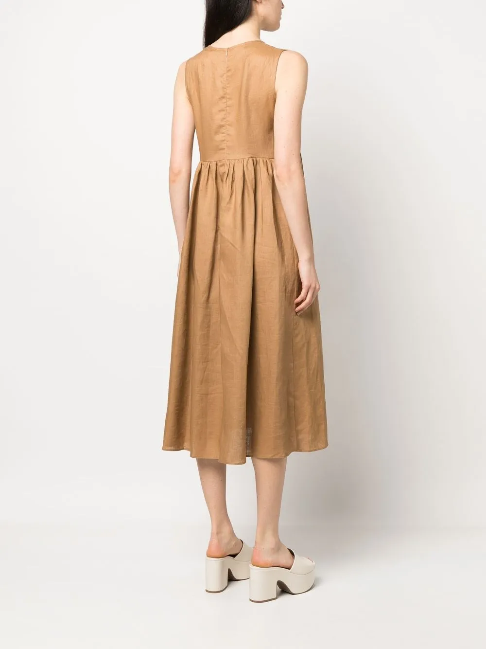 Shop Blanca Vita Pleated Sleeveless Linen Midi Dress In Braun