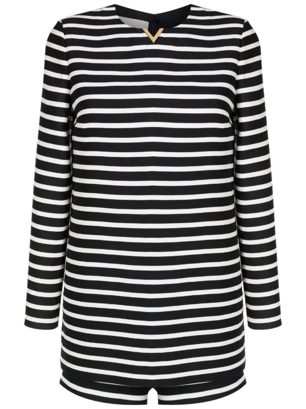 Valentino Garavani Logo-plaque Stripe-print Playsuit in Black
