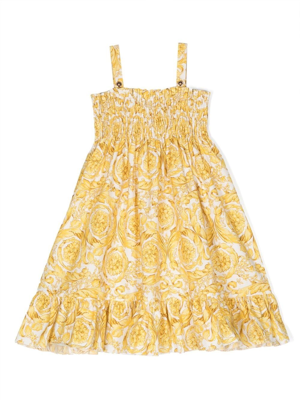 Versace Kids' Barocco-print Flared Dress In Bianco+oro