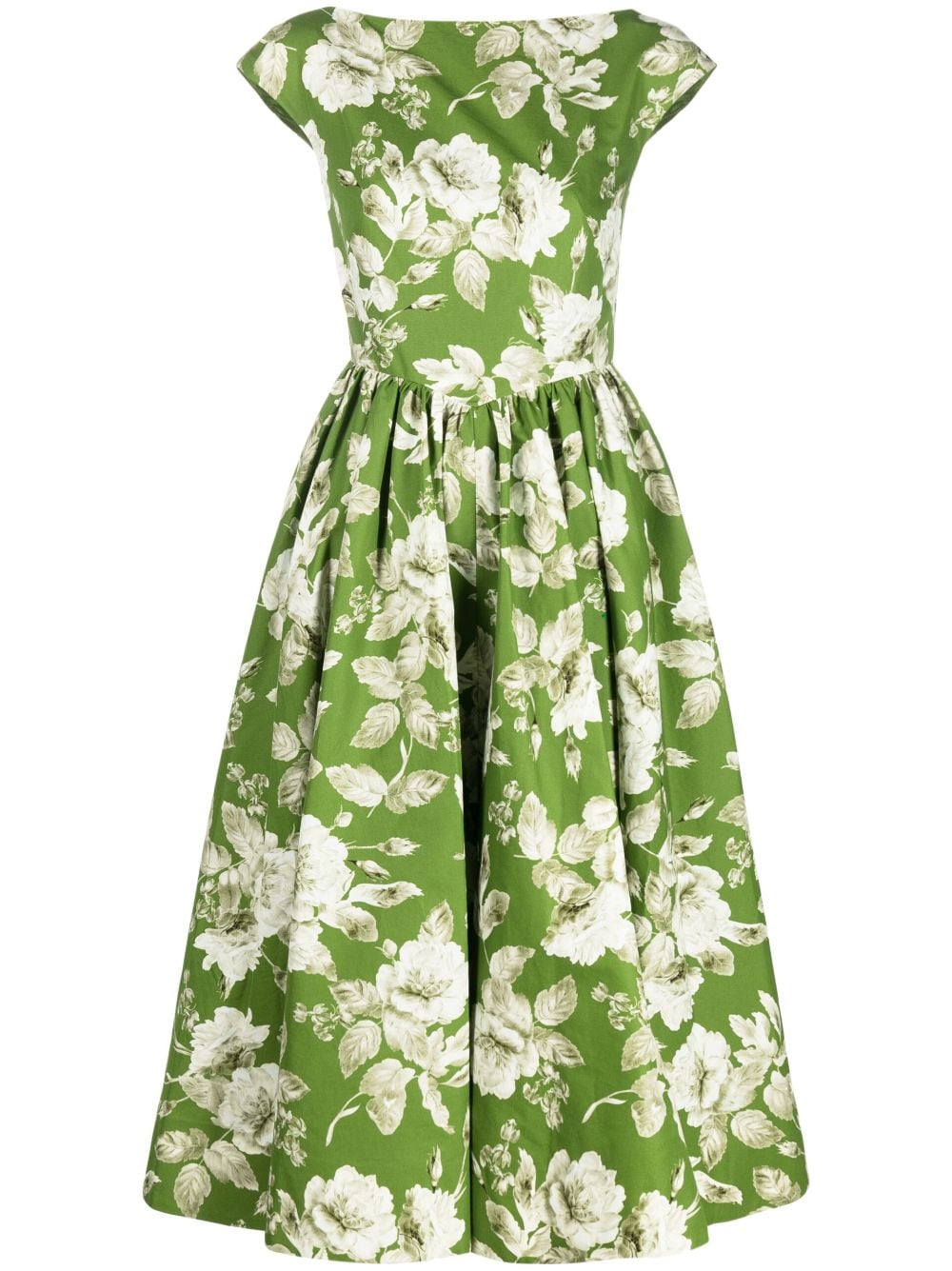 Floral Cap-sleeve Midi-dress In Green + Ecru