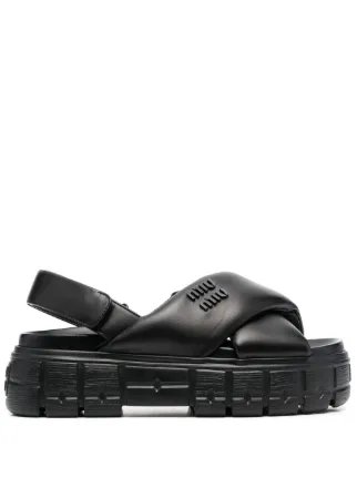 MIU MIU ◆ Padded Sandals Miu Miu Padded Leather Flatform Sandals in Nero | FWRD