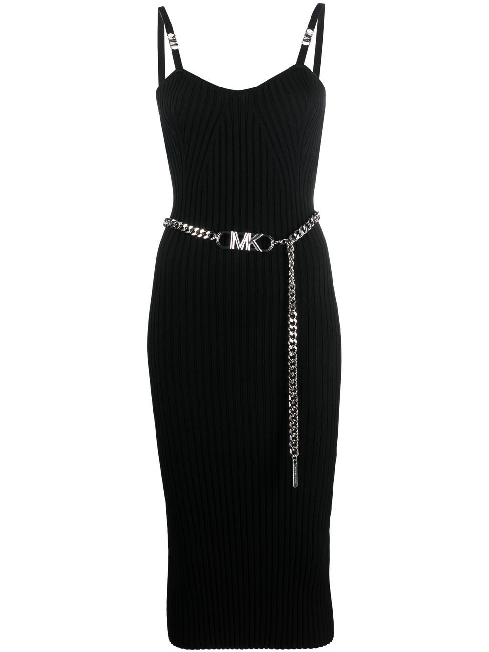 Michael Kors Logo-belt Ribbed Dress In Schwarz